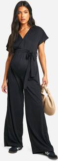 Zwangerschapsjumpsuit Met Geribbelde Stof, Wrapstijl, Wijde Pijpen En Ceintuur, Black - 38