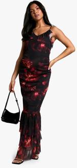 Zwangerschapsjurk Met Bloemenprint In Mesh, Pluimenzoom Details En Bandjes Maxi Jurk, Dark Red - 36