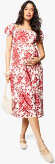 Zwangerschapsjurk Met Bloemenprint In Milkmaid-Stijl Midi-Jurk, Red - 44