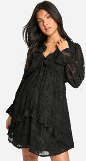 Zwangerschapsjurk Met Burn-Out Effect En Franjesdetails, Lange Mouwen, Mini Smock Jurk, Black - 46