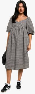 Zwangerschapsjurk Met Geweven Ruitjes En Puffmouwen Smock Midi-Jurk, Black - 38