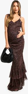 Zwangerschapsjurk Met Luipaardprint, Mesh, Ruchézoomdetail En Bandjes Maxi-Jurk, Brown - 44