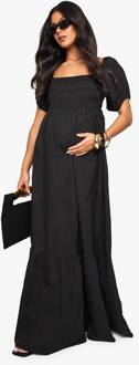 Zwangerschapskouwen Popeline Maxi-Jurk Met Pofmouwen, Black - 36