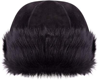 ZWART 100% Schapenvacht Shearling Leer Toscana Bont Beanie Ronde Bucket Hat - maat