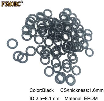 Zwart Epdm O Ringen ID2.5mm ~ 8.1Mm * 1.6Mm Dikte/Cs Zuur En Alkali Weerstand Water Weerstand en Wrijvingsweerstand O-Ring ID6.8x1.6mm 10stk