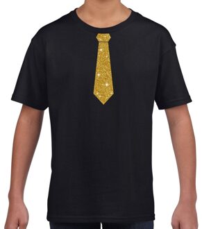 Zwart fun t-shirt met stropdas in glitter goud kinderen - feest shirt voor kids XS (110-116)