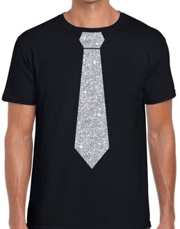 Zwart fun t-shirt met stropdas in glitter zilver heren 2XL