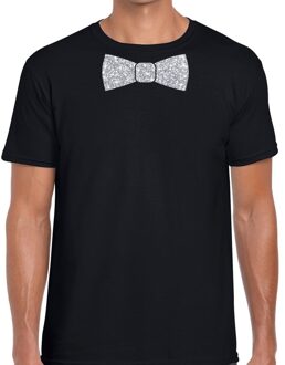 Zwart fun t-shirt met vlinderdas in glitter zilver heren 2XL