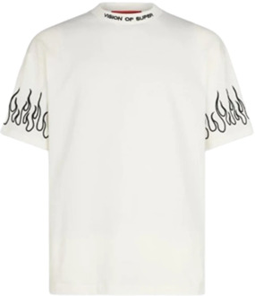 Zwart Geborduurde Vlammen Wit T-Shirt Vision OF Super , White , Heren - Xl,L,M,S,Xs