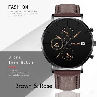 Zwart Heren Horloge Mode Luxe Mannen Quartz Horloge Automatische Kalender Horloge Business Casual Lederen Mesh Horloge Klok L bruin roos