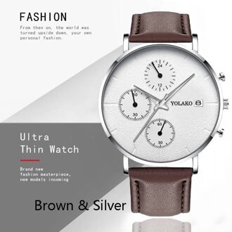Zwart Heren Horloge Mode Luxe Mannen Quartz Horloge Automatische Kalender Horloge Business Casual Lederen Mesh Horloge Klok L bruin zilver