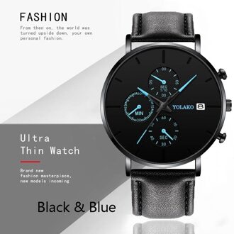 Zwart Heren Horloge Mode Luxe Mannen Quartz Horloge Automatische Kalender Horloge Business Casual Lederen Mesh Horloge Klok L zwart blauw