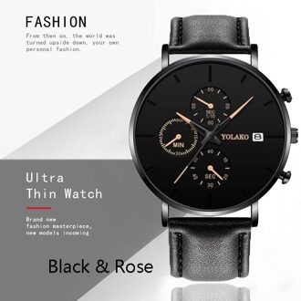 Zwart Heren Horloge Mode Luxe Mannen Quartz Horloge Automatische Kalender Horloge Business Casual Lederen Mesh Horloge Klok L zwart roos