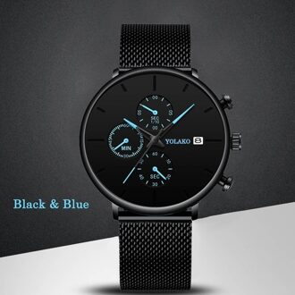 Zwart Heren Horloge Mode Luxe Mannen Quartz Horloge Automatische Kalender Horloge Business Casual Lederen Mesh Horloge Klok M zwart blauw