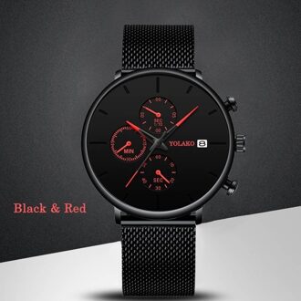 Zwart Heren Horloge Mode Luxe Mannen Quartz Horloge Automatische Kalender Horloge Business Casual Lederen Mesh Horloge Klok M zwart rood