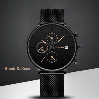 Zwart Heren Horloge Mode Luxe Mannen Quartz Horloge Automatische Kalender Horloge Business Casual Lederen Mesh Horloge Klok M zwart roos
