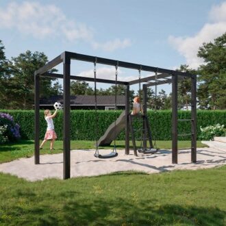 Zwart Houten Pergola 340 x 198 CM Met Dubbele Schommel en Glijbaan Black