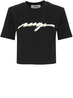Zwart Katoenen T-shirt met Logo Msgm , Black , Dames - S,Xs