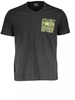 Zwart Katoenen V-Hals T-Shirt Plein Sport , Black , Heren - M