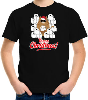Zwart Kerst shirt/ Kerstkleding hamsterende kat Merry Christmas voor kinderen M (116-134) - kerst t-shirts kind