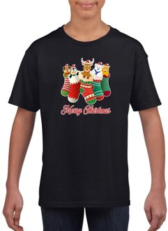 Zwart kerst shirt / kerstkleding Merry Christmas dieren kerstsokken voor kinderen M (116-134) - kerst t-shirts kind