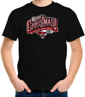 Zwart Kerst shirt / Kerstkleding Merry Christmas voor kinderen XS (104-110) - kerst t-shirts kind