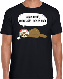 Zwart Kerst shirt/ Kerstkleding met luiaard Wake me up when christmas is over voor heren L - kerst t-shirts