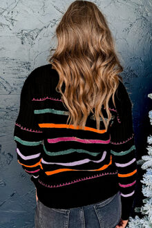 Zwart Kleurrijk Gestreept Ribbels Trim Trui - maat L