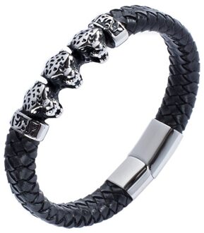 Zwart Lederen Armband Mannen Luipaard Vorm Rvs Magnetische Gesp Gevlochten Bangle Mannelijke Pols Band Cadeaus Wearing Length 165mm