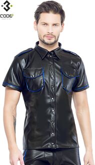 Zwart leren heren shirt met blauwe biezen (S-M- 2XL) - Size: S