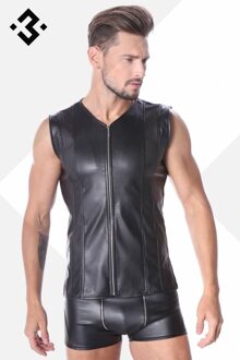 Zwart leren heren shirt met mesh (XS-3XL-4XL) - Size: XS