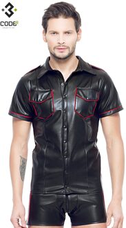 Zwart leren heren shirt met rode biezen (S ) - Size: S