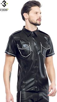 Zwart leren heren shirt met zilver biezen ( S) - Size: S