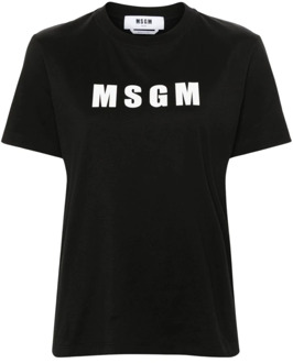 Zwart Logo Print Crew Neck T-shirt Msgm , Black , Dames - M,S,Xs