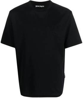 Zwart Monogram T-shirt met Geborduurd Logo Palm Angels , Black , Heren - Xl,L,M,S