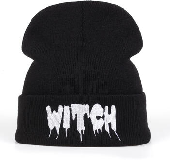 Zwarte Acryl Borduren Brief Heks Mutsen Hoeden Voor Vrouwen Mannen Unisex Volwassen Casual Skullies Winter Caps Gebreide Gorros