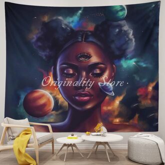 Zwarte Afro Amerikaanse Meisje In Galaxy Tapestry 150x130 cm