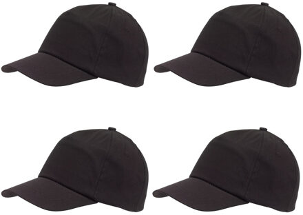 Zwarte baseballcap 5-panel voor volwassenen met klittenbandsluiting 4 stuks