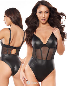 Zwarte Body latexachtig met Tule, AX10590 - Maat: S
