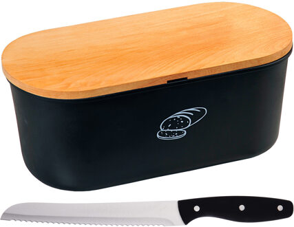 Zwarte broodtrommel met snijplank deksel en zwart/zilver broodmes 18 x 34 x 14 cm