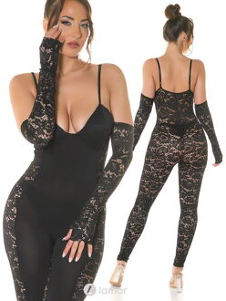 Zwarte catsuit met kant, IS1668 - Maat: S/L