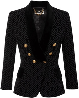 Zwarte double-breasted jas met flock logo patroon Elisabetta Franchi , Black , Dames - L,M