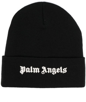 Zwarte Gebreide Muts met Wit Logo Palm Angels , Black , Dames - ONE Size