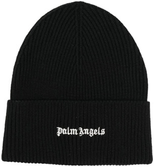 Zwarte Geribbelde Gebreide Logo Patch Hoed Palm Angels , Black , Heren - ONE Size