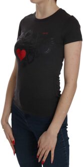 Zwarte Harten Print Korte Mouw Casual Shirt Top - maat M