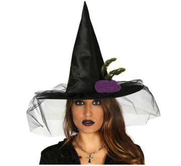 Zwarte heksen verkleedhoed met paarse bloem en sluier - voor dames
