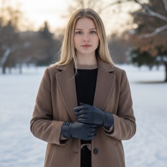 Zwarte Italiaanse leren winterhandschoenen met zachte wollen voering en knoopsluiting voor dames