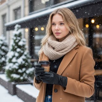 Zwarte Italiaanse leren winterhandschoenen met zachte wollen voering en strikmotief voor dames - maat