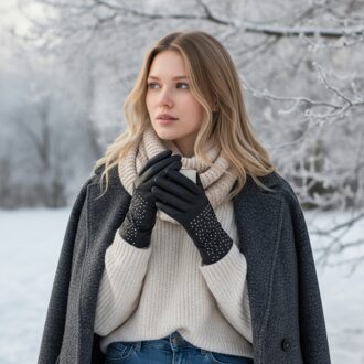 Zwarte Italiaanse leren winterhandschoenen met zachte wollen voering en studs voor dames