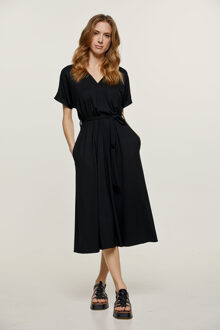 Zwarte jersey midi-jurk met riem - S
